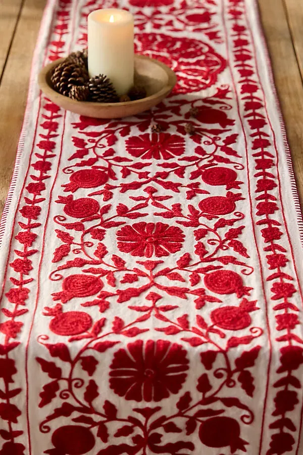 Pomegranate Crewel Stitch Table Runner - Red, Cotton by Anthropologie