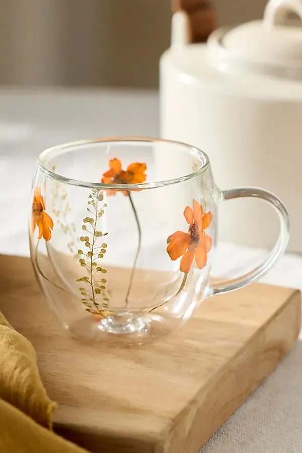 Preserved Floral Glass Mug - Orange, Borosilicate Glass by Anthropologie