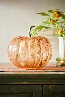 Pressed Floral Extra Large Glass Pumpkin - Orange by Anthropologie, image 2