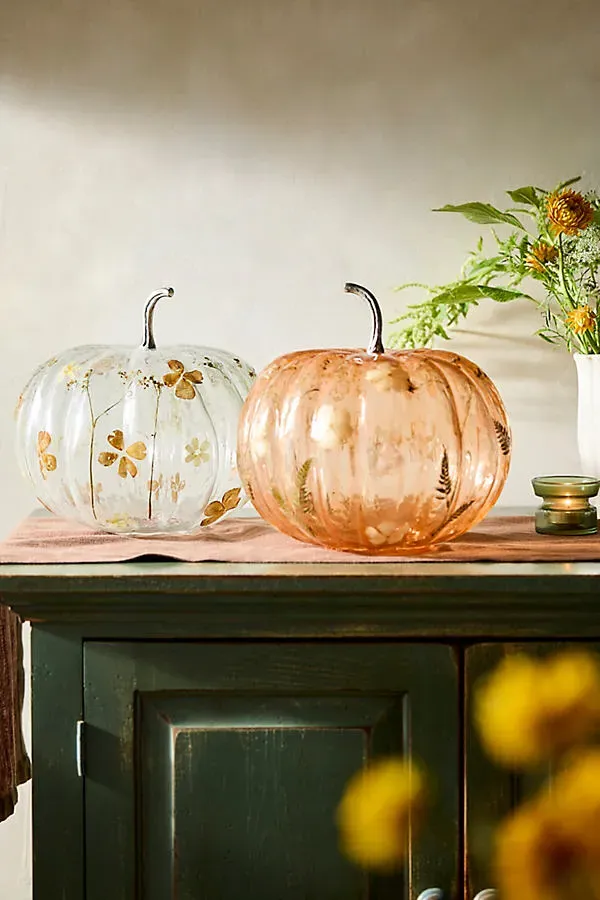 Pressed Floral Extra Large Glass Pumpkin - Orange by Anthropologie