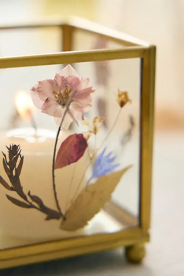 Pressed Floral Glass & Brass Tea Light Holder by Anthropologie, alternate view