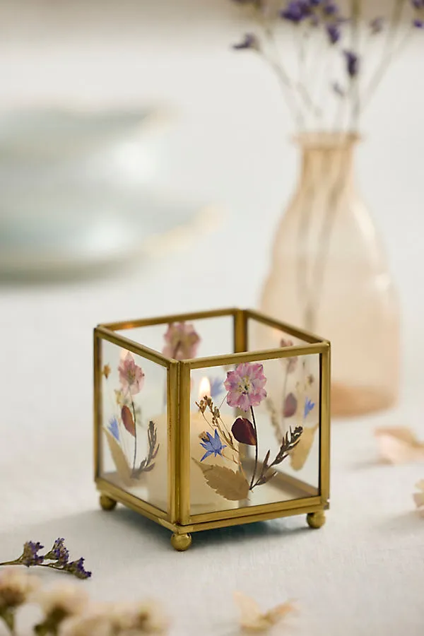 Pressed Floral Glass & Brass Tea Light Holder by Anthropologie