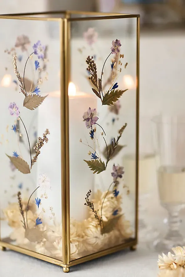 Pressed Floral Hurricane Candle Holder - Glass, Brass by Anthropologie, alternate view