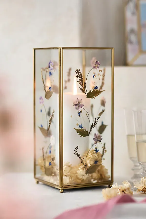 Pressed Floral Hurricane Candle Holder - Glass, Brass by Anthropologie