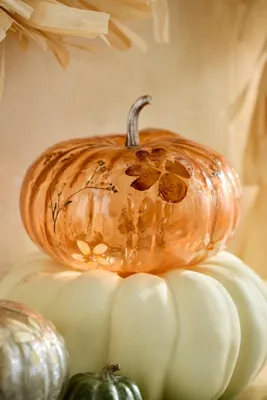 Pressed Floral Large Glass Pumpkin - Orange by Anthropologie, image 2