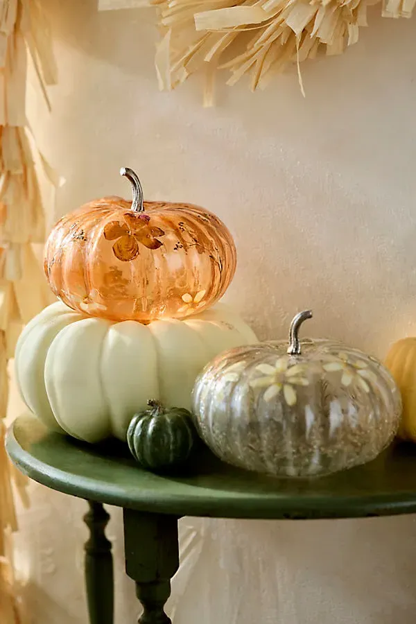 Pressed Floral Large Glass Pumpkin - Orange by Anthropologie