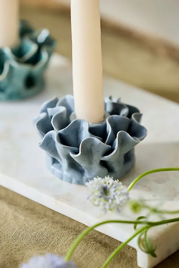 Ruffle Taper Holder - Blue, Stoneware by Anthropologie