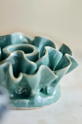 Ruffle Taper Holder - Green, Stoneware by Anthropologie, alternate view