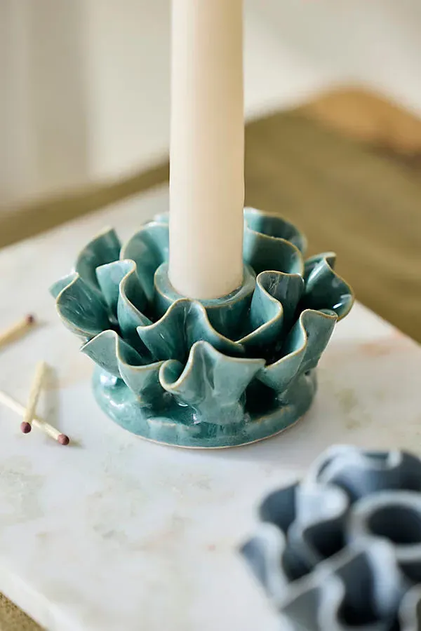 Ruffle Taper Holder - Green, Stoneware by Anthropologie