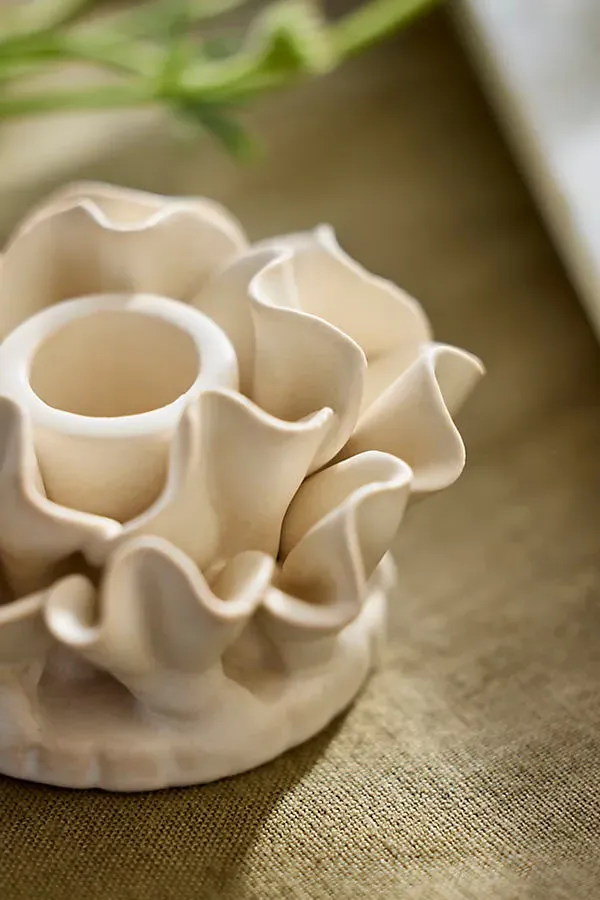 Ruffle Taper Holder - Ivory, Stoneware by Anthropologie