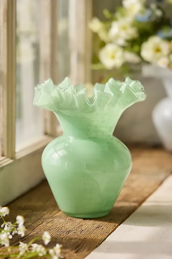 Ruffled Glass Bud Vase - Green, Soda Lime Glass by Anthropologie, alternate view