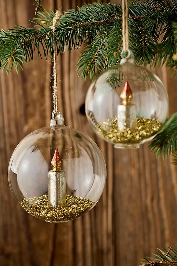 Small Candle Glass Globe Ornament - Glass, Glitter by Anthropologie