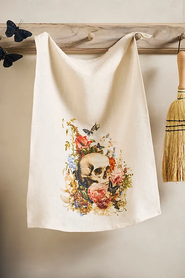 Spooky Floral Skull Linen Dish Towel product