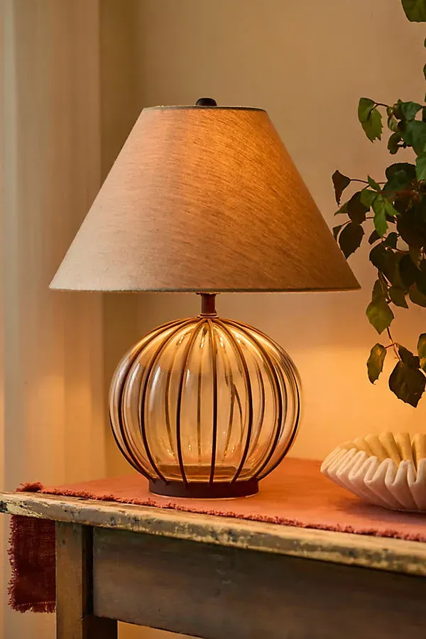 Striped Iron Table Lamp - Gold, Cotton by Anthropologie