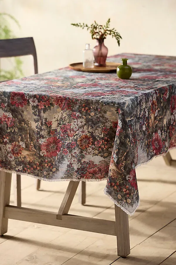 Tapestry Linen Tablecloth - Green, Linen by Anthropologie