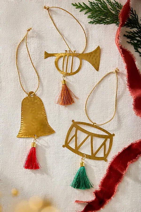 Tasseled Brass Instrument Ornaments Set of 3 by Anthropologie