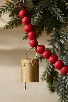 Tiny Bells Beaded Garland - Red, Wood by Anthropologie, alternate view