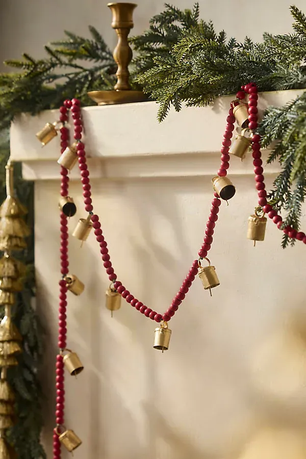Tiny Bells Beaded Garland - Red, Wood by Anthropologie