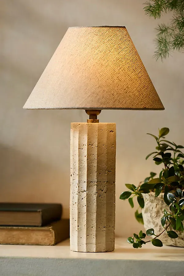 Travertine Table Lamp - Beige, Linen by Anthropologie