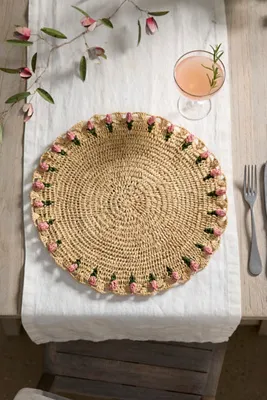Tulip Border Round Raffia Placemat - Pink by Anthropologie, alternate view