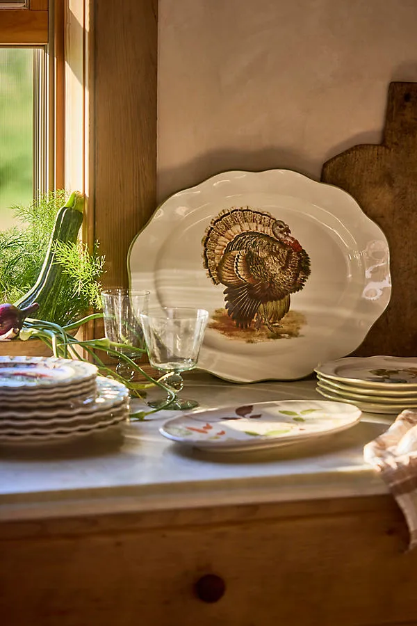 Turkey Scalloped Stoneware Serving Platter - Brown by Anthropologie
