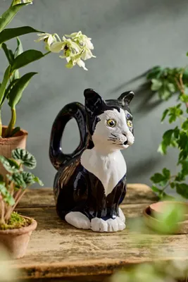 Tuxedo Cat Stoneware Watering Can - Black by Anthropologie, alternate view