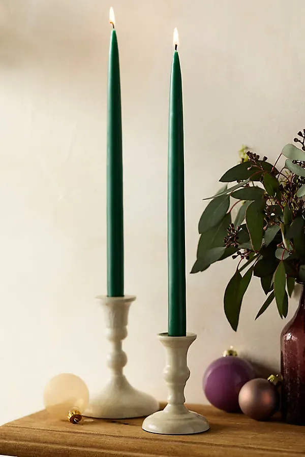 Unscented Tall Taper Candle Set - Green, Cotton by Anthropologie