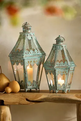 Verdigris Footed Mesh Lantern Small - Green, Iron by Anthropologie, alternate view