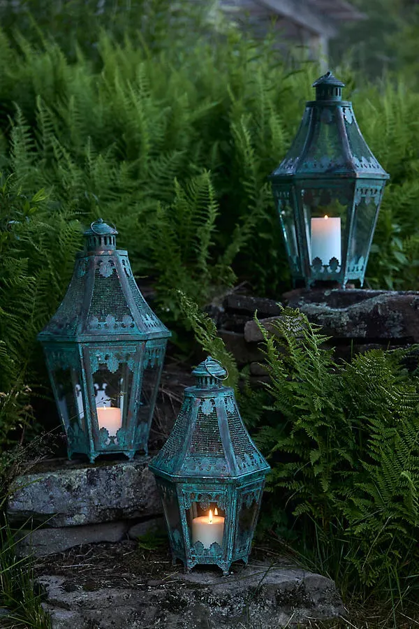 Verdigris Footed Mesh Lantern Small - Green, Iron by Anthropologie