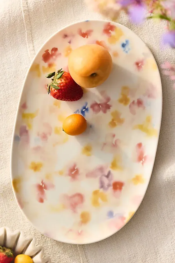 Watercolor Floral Serving Platter - Pink, Stoneware by Anthropologie