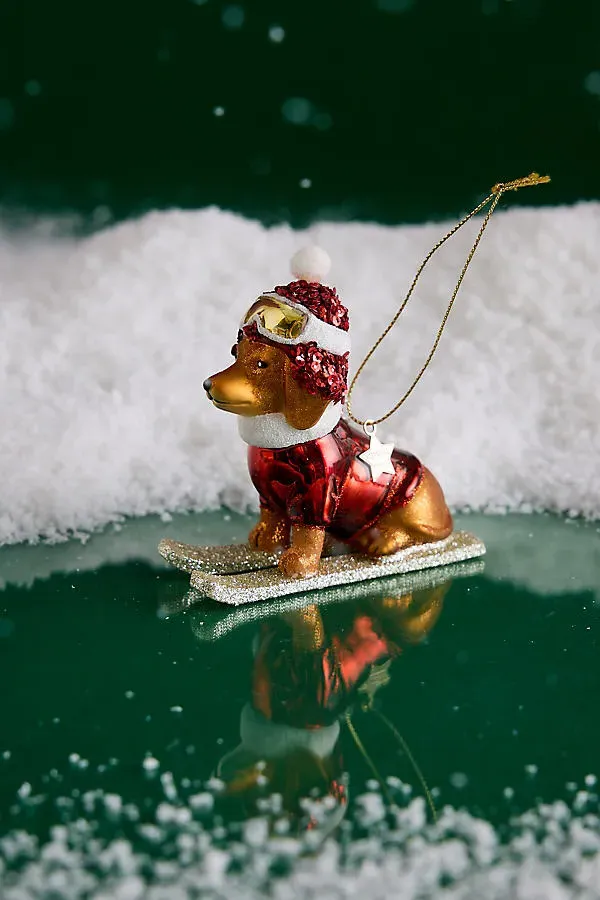 Glass Skiing Dog Ornament by Anthropologie