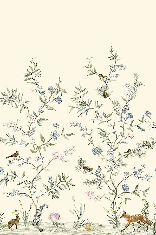 Lake Forest Floral and Animal Wall Mural - Ivory product