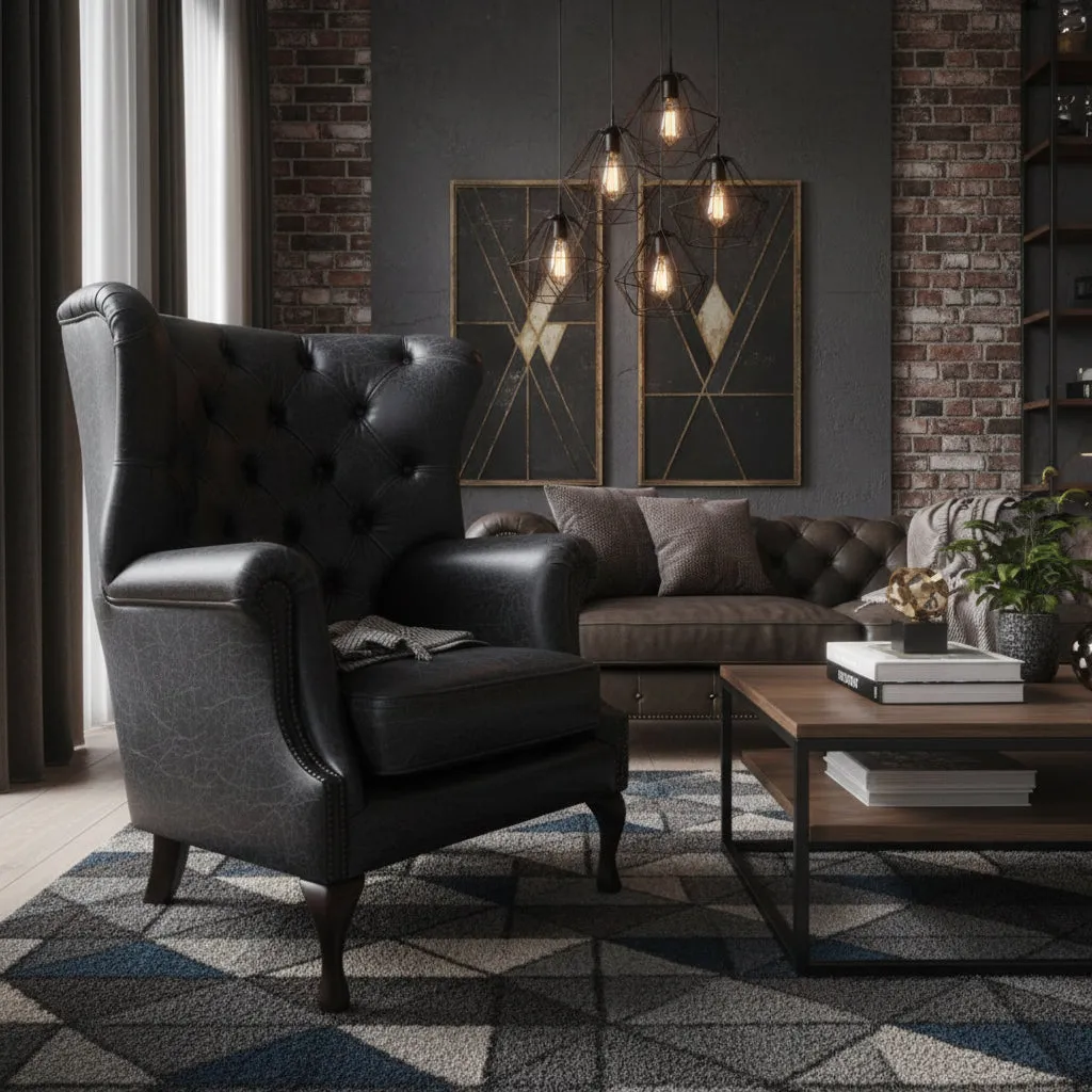 Albert Wingback Armchair Deep-Buttoned - Dark Blue, Leather product