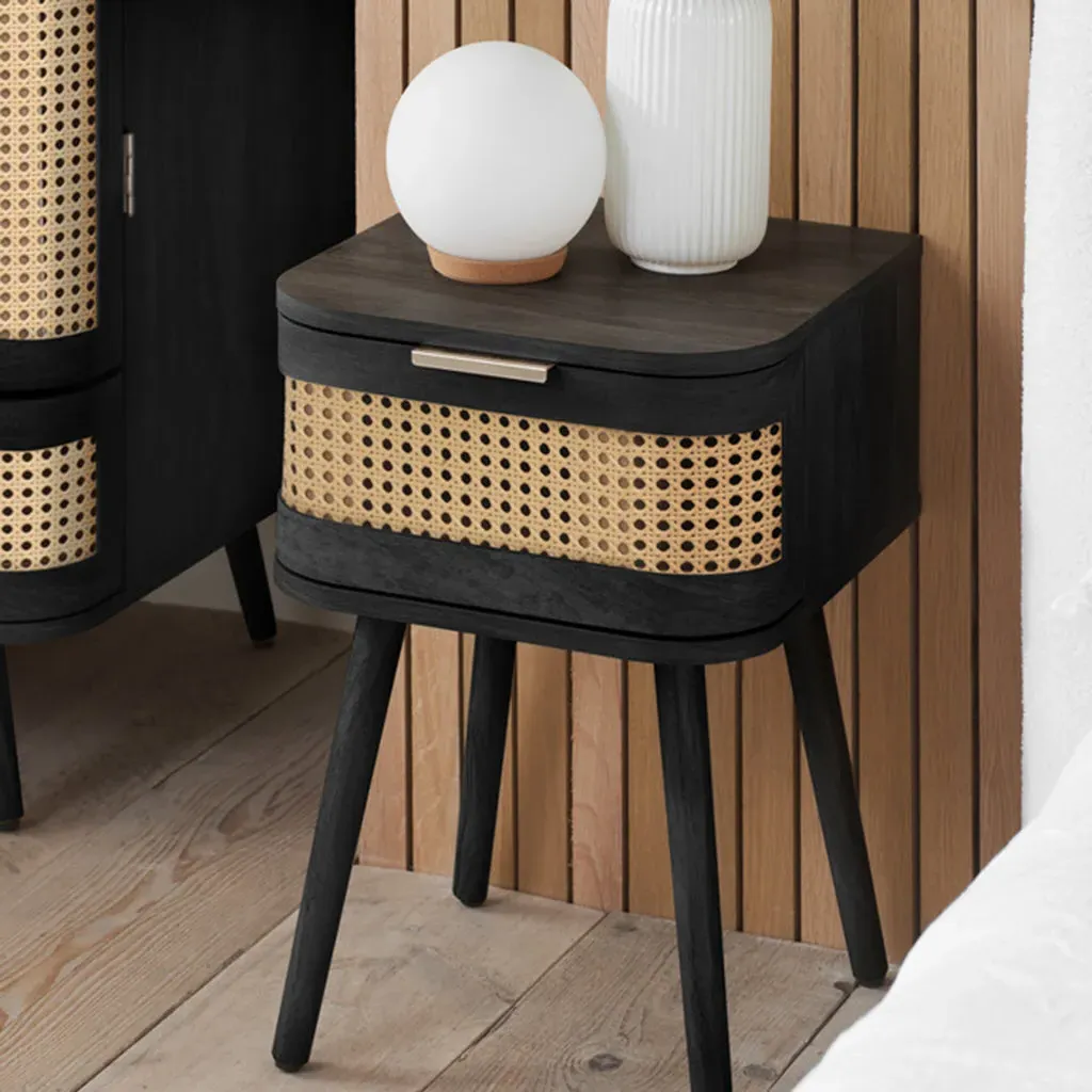 Arlington 1-Drawer Bedside Table - Black, Rattan alternate view