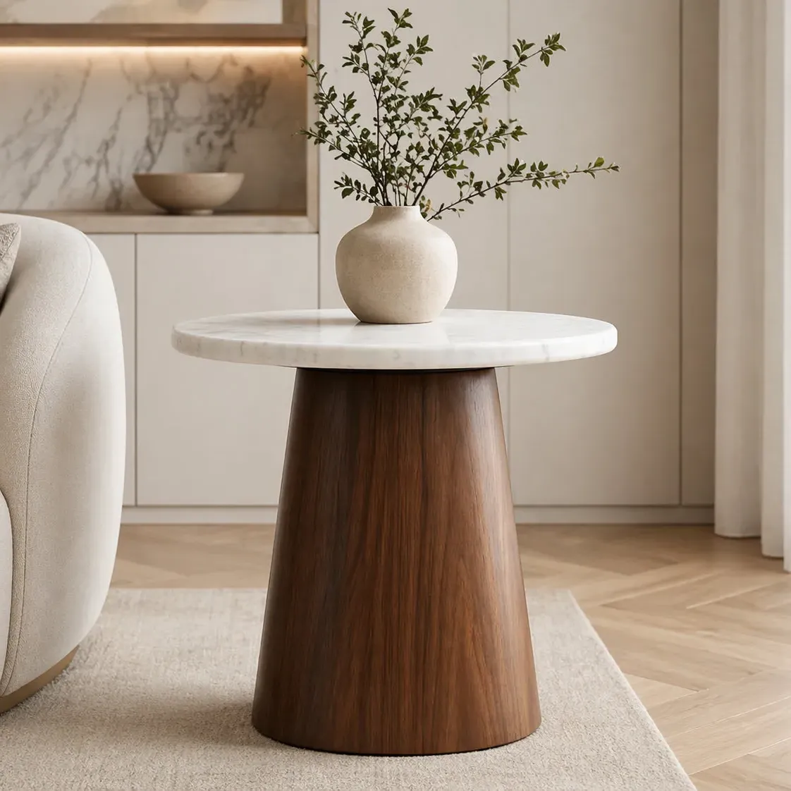 Aubrey Lamp Table - White Travertine, Walnut Veneer product