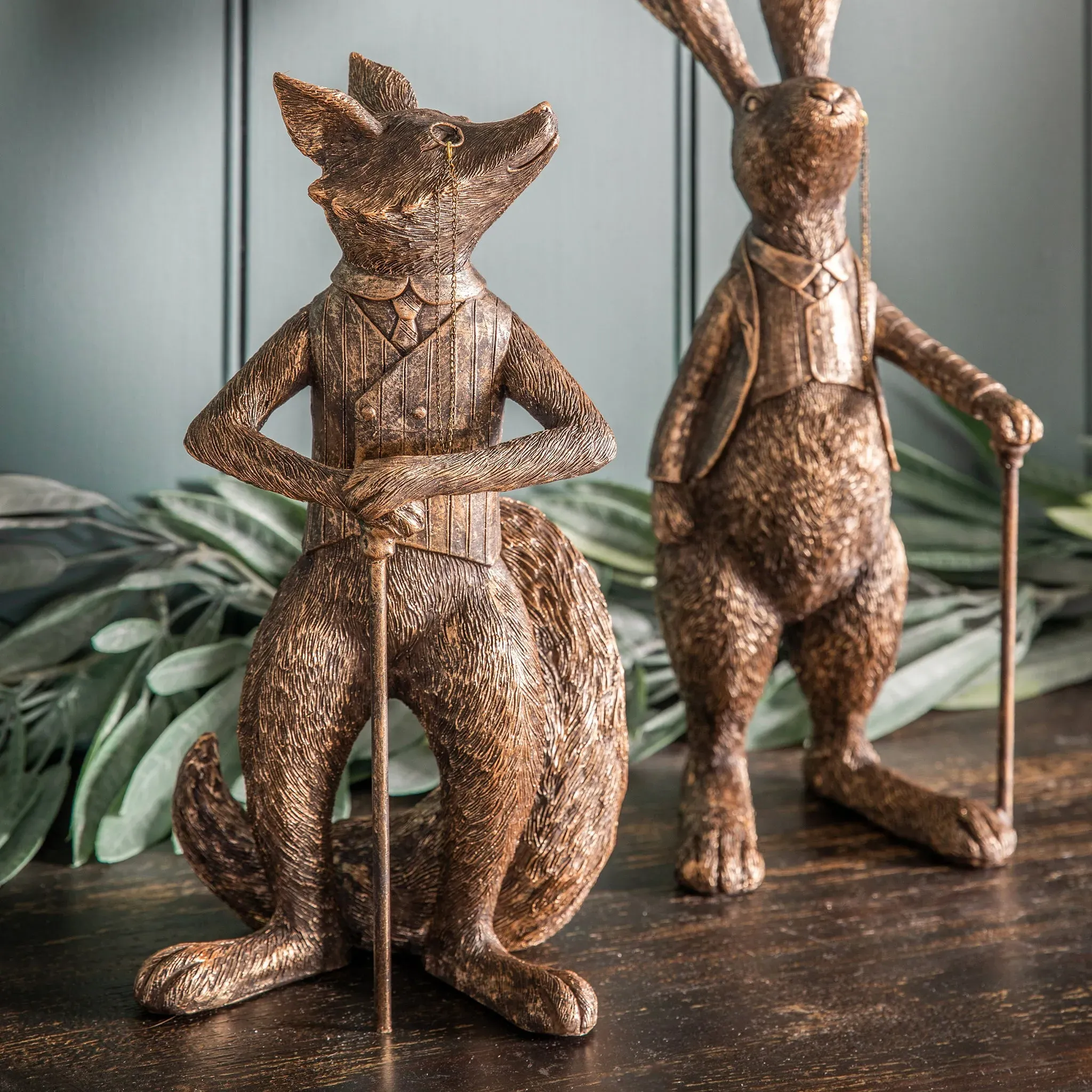Bronze Fox Ornament with Monocle and Cane - Bronze, Resin product
