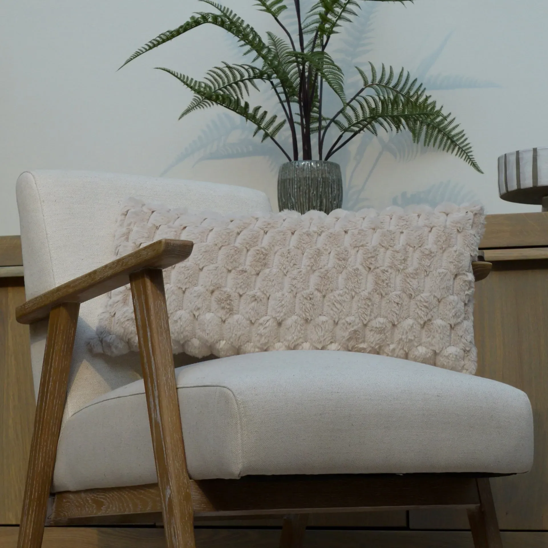 Chequered Velvet Cushion - Beige alternate view