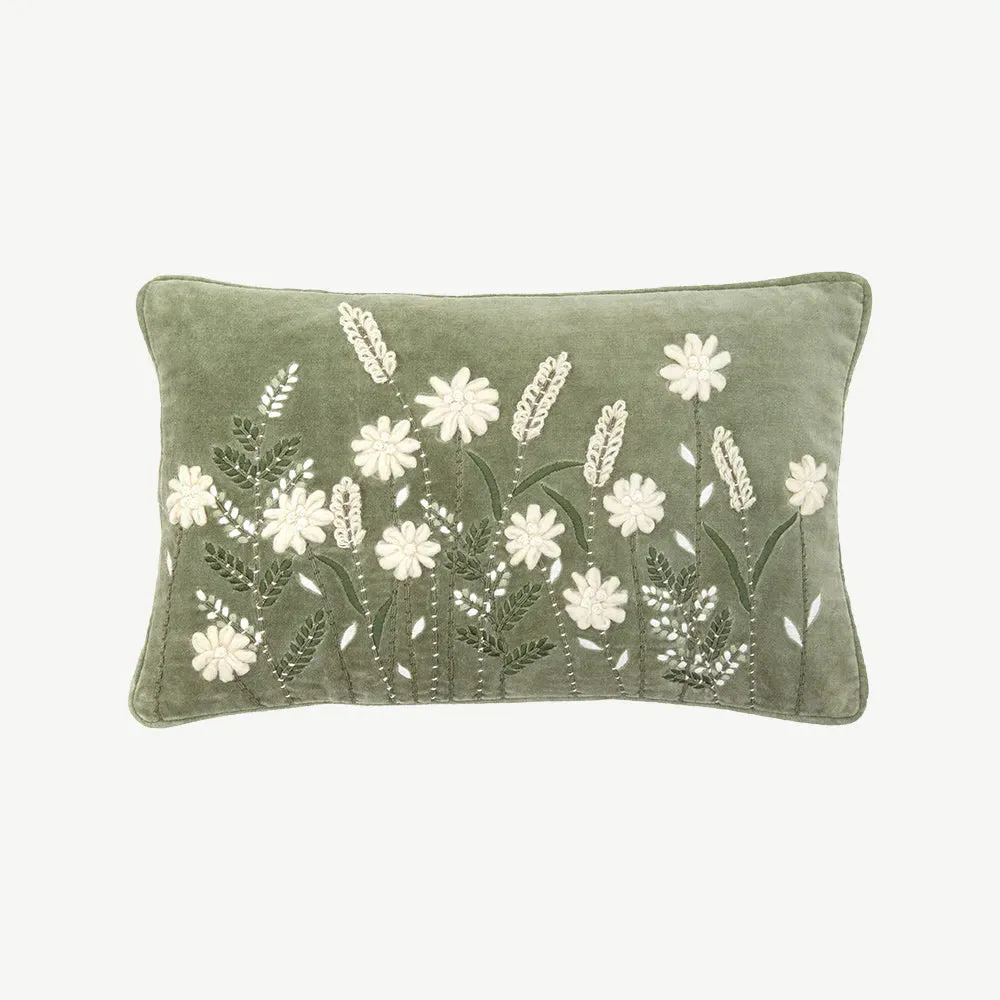 Embroidered Velvet Floral Cushion - Sage, Cotton product