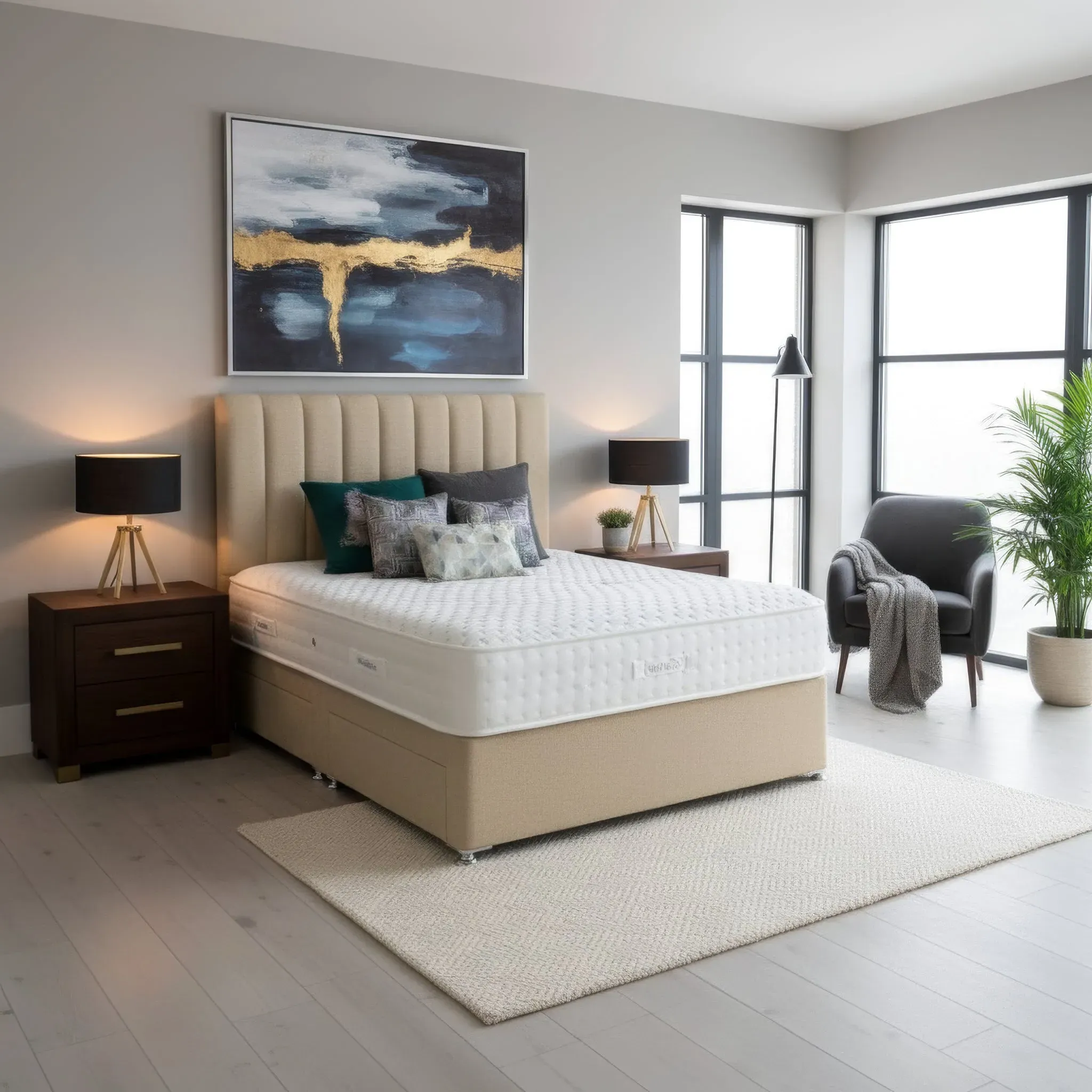 Gene Double Bed Frame with Storage - Beige, Upholstered product