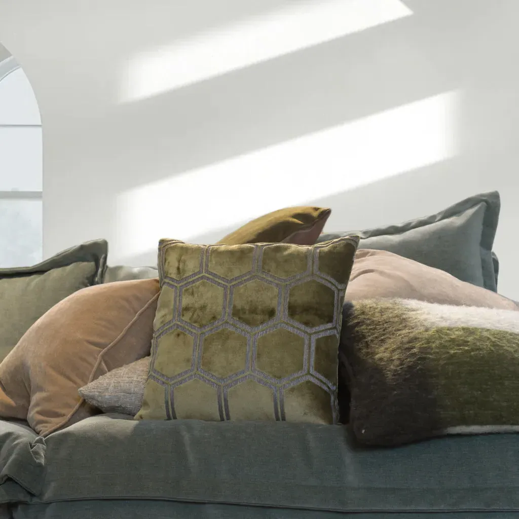 Ivory Hexagon Cushion - Green, Velvet alternate view