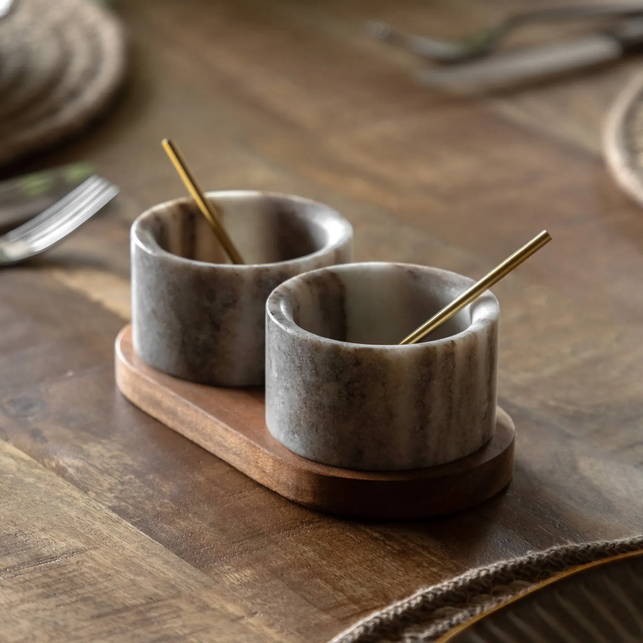 Marble Spoon and Pinch Pot Set - Marble, Acacia Wood product
