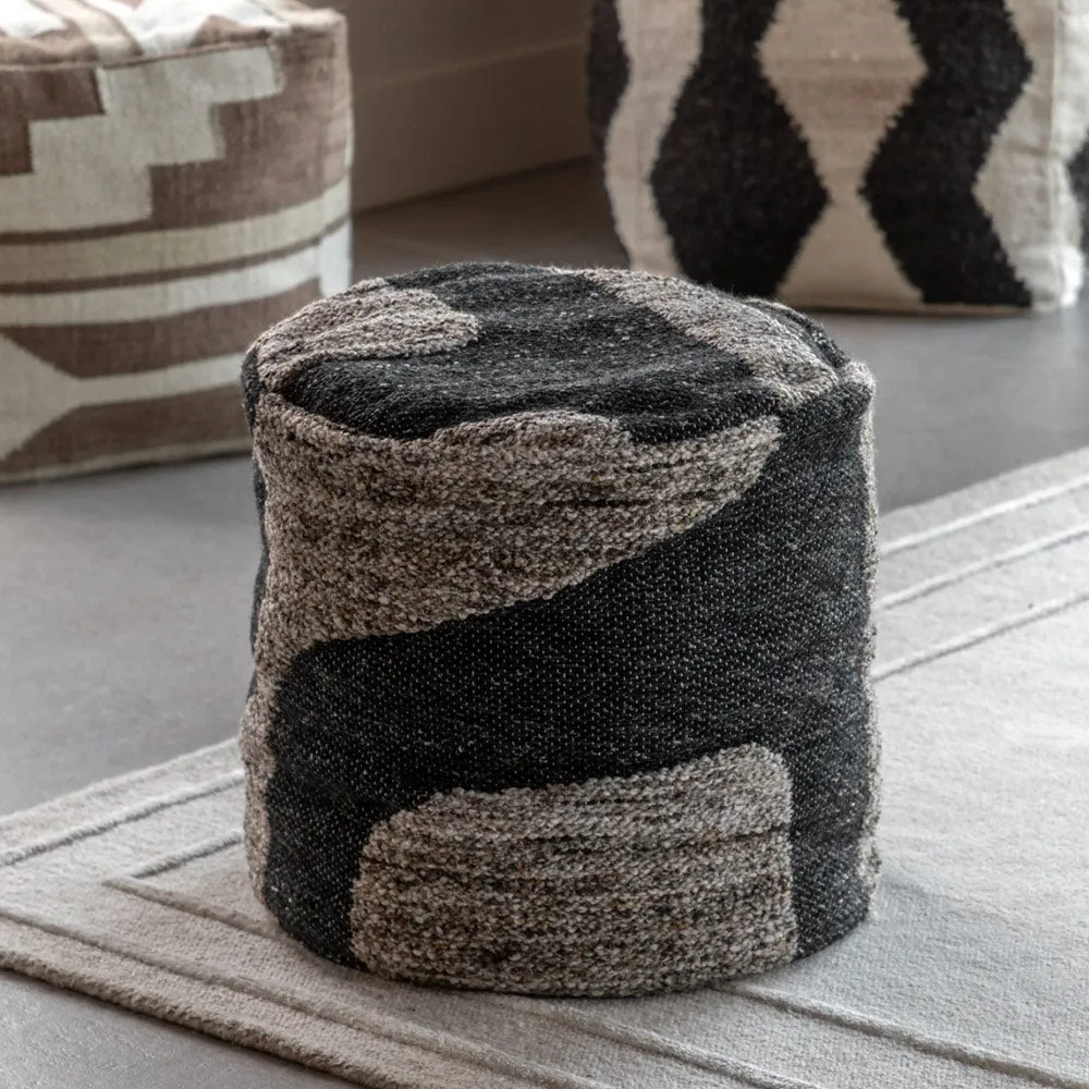 Monochrome Graphic Drum Pouffe - Grey, Woven Fabric product