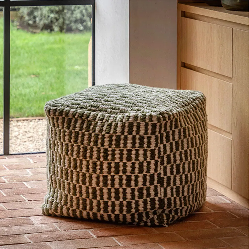 Olive Check Pouffe - Green, Woven Wool product