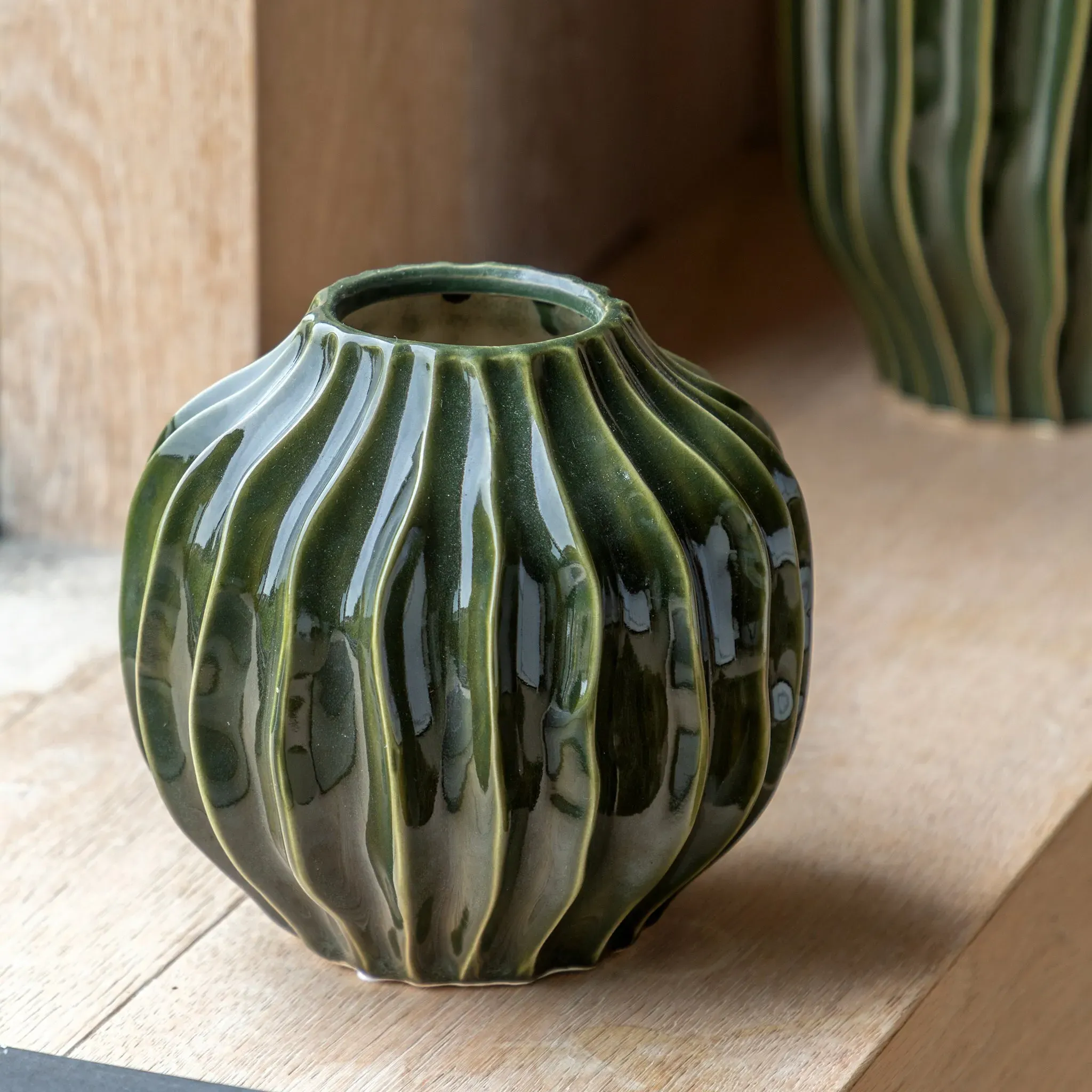 Olive Ribbed Vase Small - Olive Green, Ceramic product