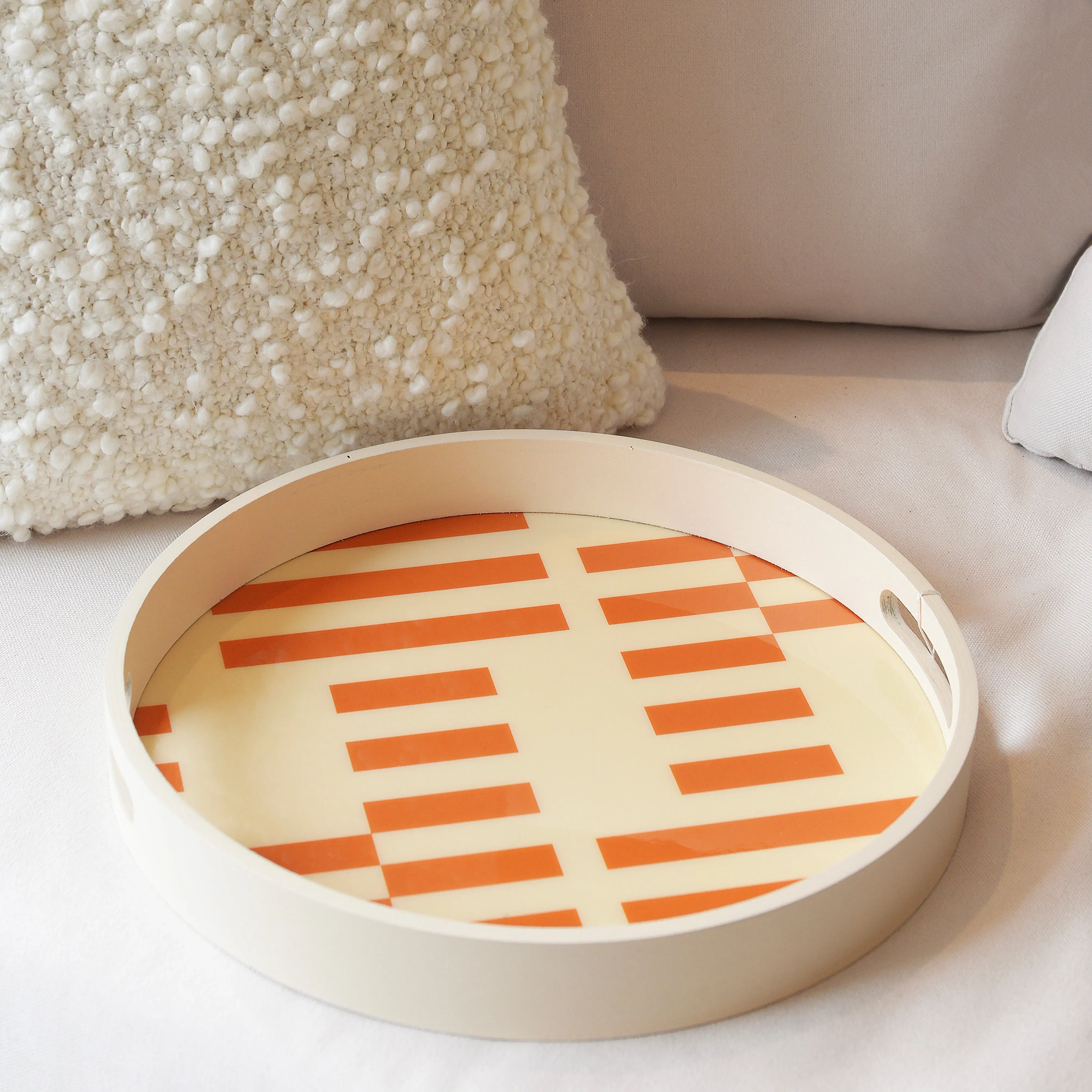 Retro Round Tray with Handles - Orange, Cream alternate view