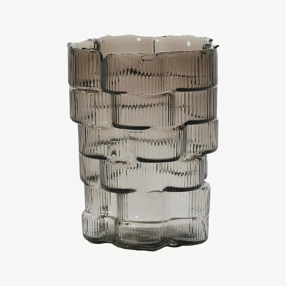 Smoked Glass Ribbed Round Vase - Grey, Glass product