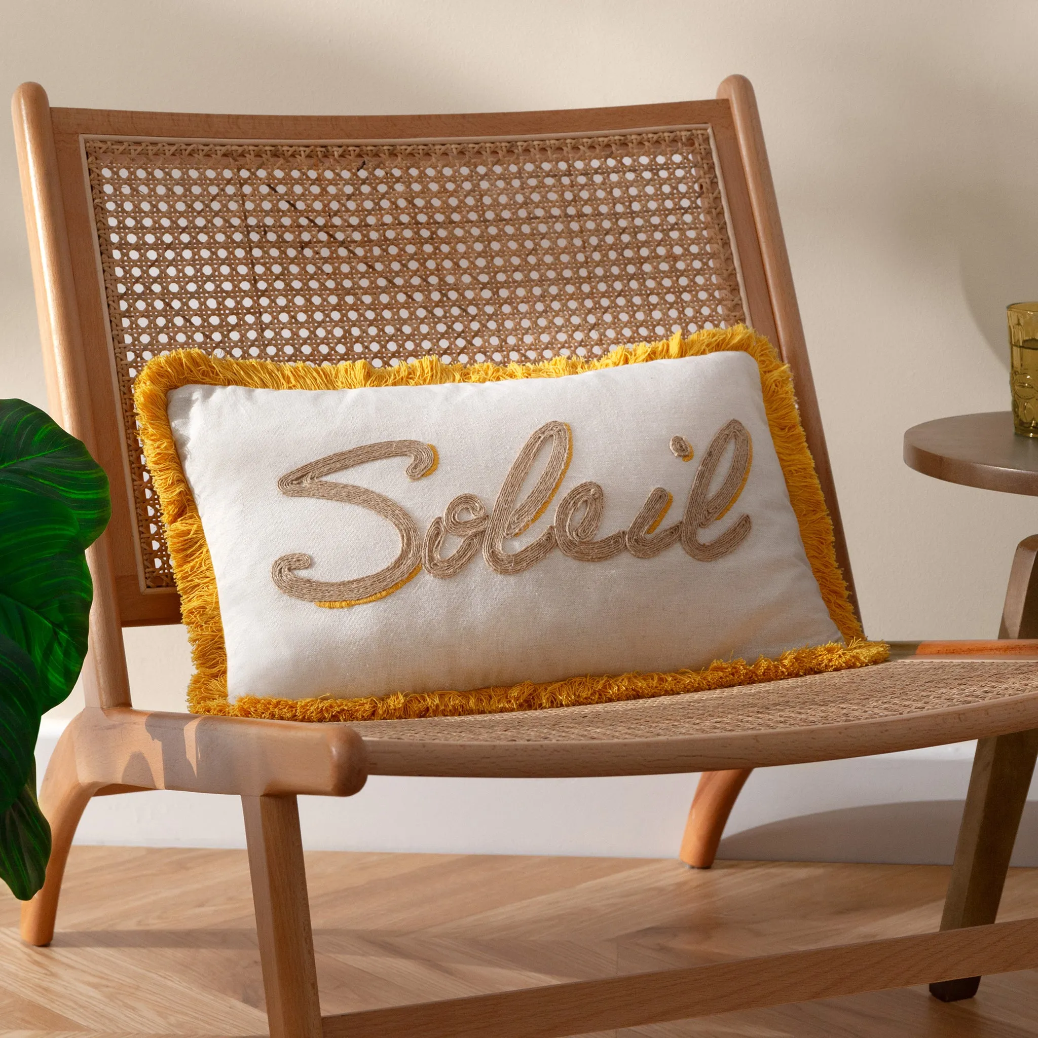Sol Soleil Embroidered Cushion - Fringe Trim, Jute-Effect product