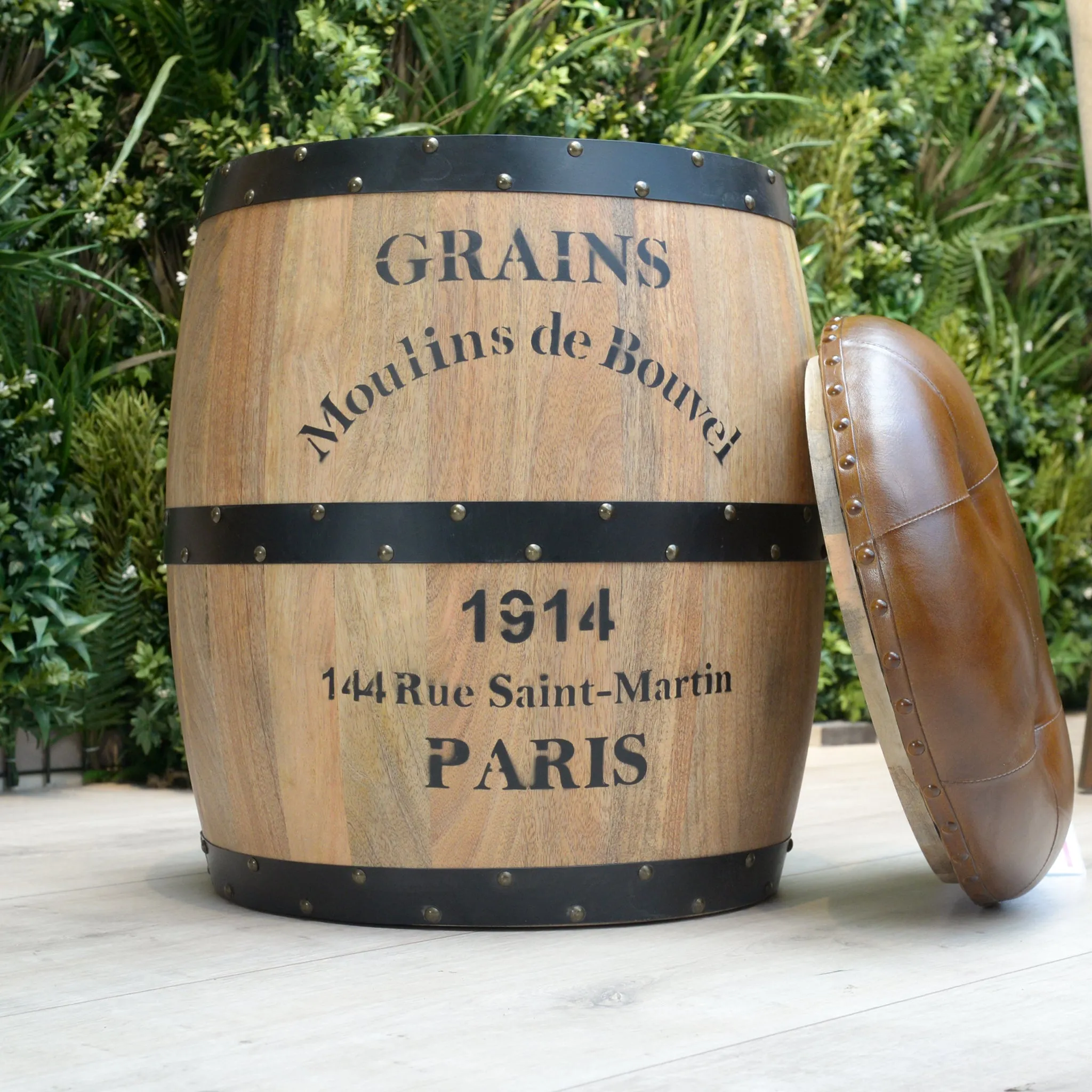 Storage Barrel Stool - Wood, Goat Leather product