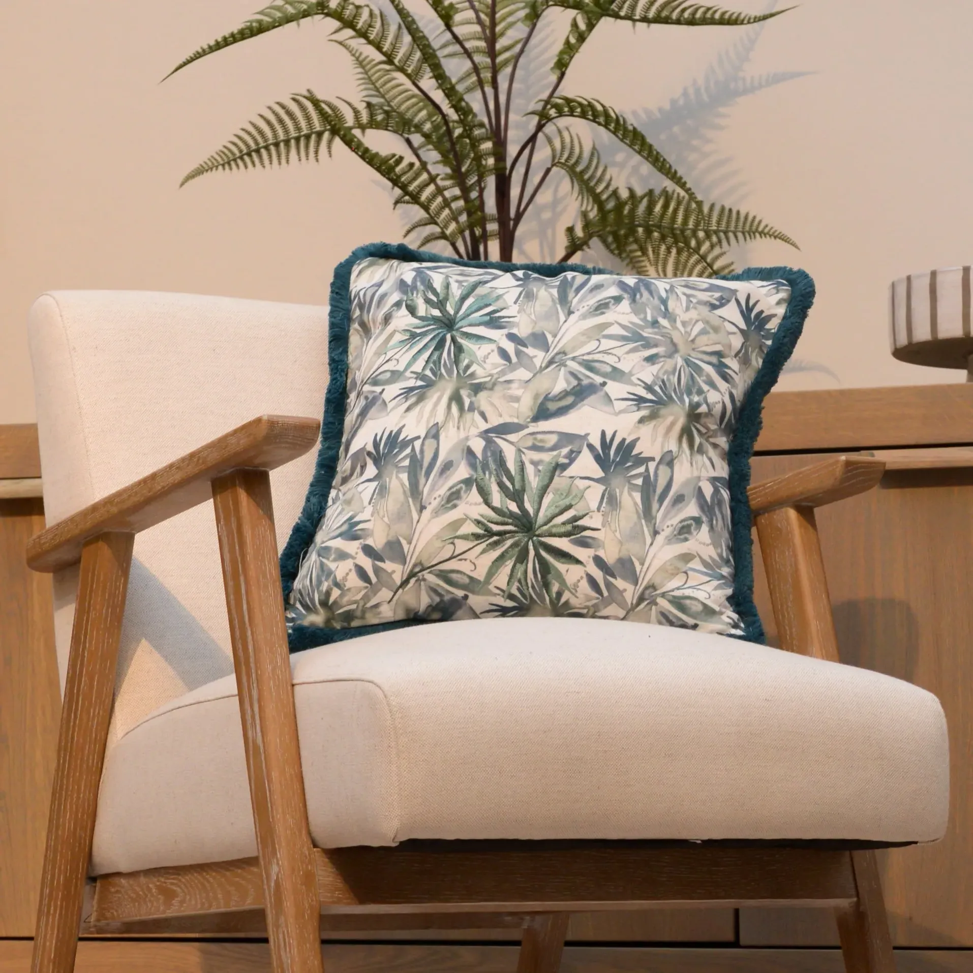 Teal Floral Cushion with Luxury Trim alternate view