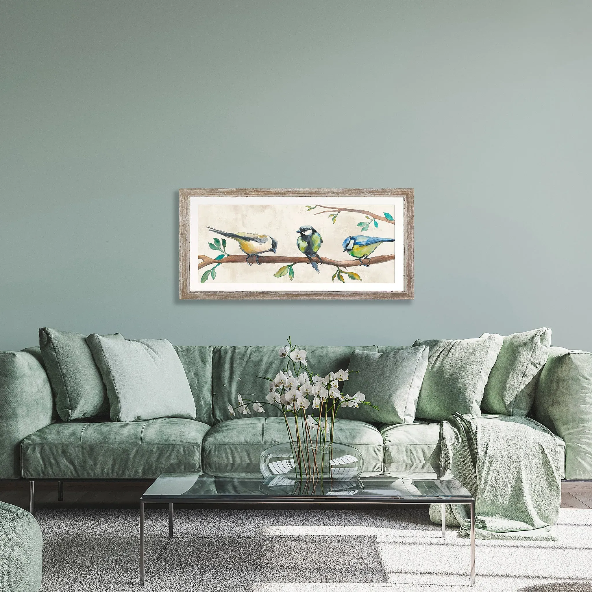 Three Songbirds Framed Wall Art - Green, Walnut product